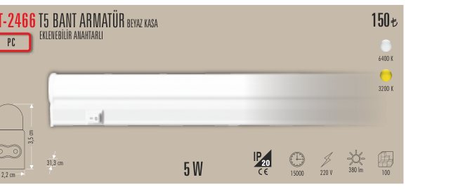 CATA CT-2466 · T5 BANT ARMATÜR BEYAZ KASA EKLENEBİLİR ANAHTARLI PC