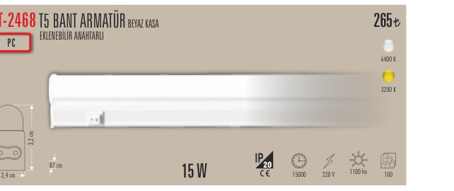 CATA CT-2468 · T5 BANT ARMATÜR BEYAZ KASA EKLENEBİLİR ANAHTARLI PC