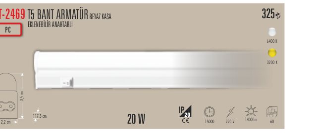 CATA CT-2469 · T5 BANT ARMATÜR BEYAZ KASA EKLENEBİLİR ANAHTARLI PC